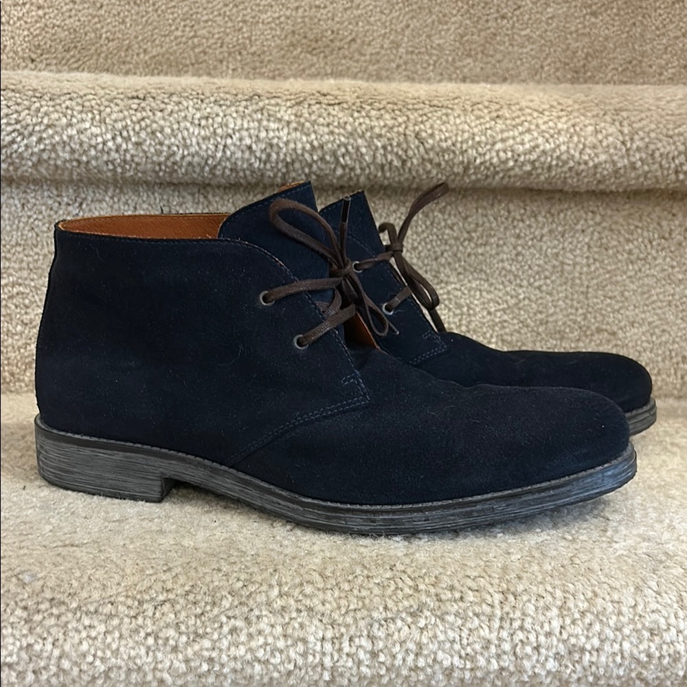 H.E. By Mango Men's Navy Blue Suede Chukka Ankle Boots Brown Laces EUC 8